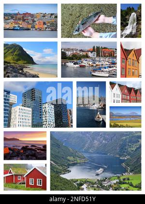 Norwegen Fotocollage - Reisekollektion mit Fjorden, Oslo, Bergen, Kristiansund und Lofoten. Stockfoto