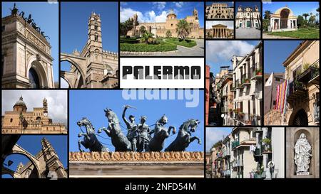 Palermo, Italien Postkarte - Reise Ort Wahrzeichen Fotocollage. Stockfoto