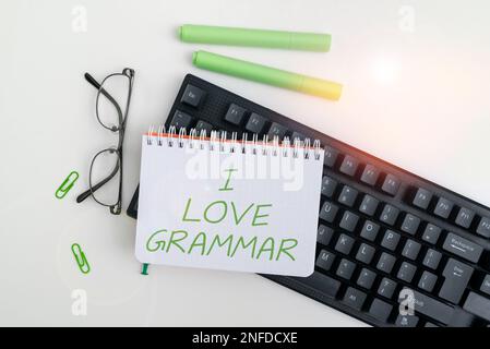 Schriftsteller I Love Grammar, Business Concept Act of Bewundering System and Structure of language Stockfoto