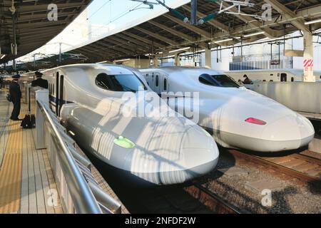 Zwei Hochgeschwindigkeitszüge (shinkansen) parken am Bahnhof Tokio in Tokio, Japan Stockfoto