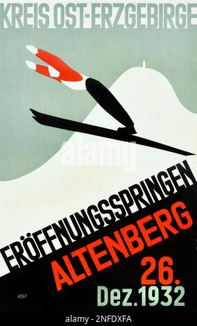 Vintage 1930er Art déco-Wintersportposter für den Kreis Ost-erzgebirge Eroffnungsspringen Altenberg. 26. Dezember 1932 Stockfoto