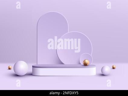 3D realistischer, luxuriöser Standfuß auf dem Podium in Lila und Weiß auf violettem Hintergrund mit abgerundeten geometrischen Kreisen und goldener Kugel. Stock Vektor