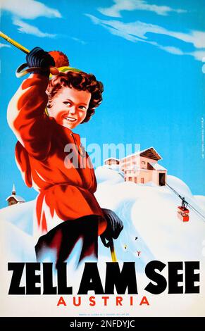 Vintage 1930er Österreichisches Ski-Poster - Zell am See, Österreich Stockfoto