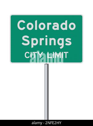 Vektordarstellung des grünen Straßenschilds der Colorado Springs (Colorado) City Limit auf einem metallischen Pfosten Stock Vektor