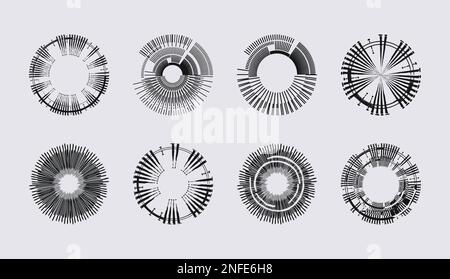 Satz schwarzer Kreise. Geometrische Kunst. Designelemente für Rahmen, Logo, Tattoo, Webseiten, Druck, Postervorlage. Ein abstrakter editierbarer Vektorblock Stock Vektor