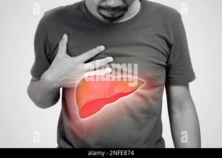 Die Abbildung der Leber ist auf dem Körper des Mannes vor grauem Hintergrund. Ein Mann mit Hepatitis und Fettleberproblem. Stockfoto