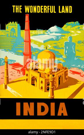 Vintage 1940er India Travel Poster - Taj Mahal Stockfoto
