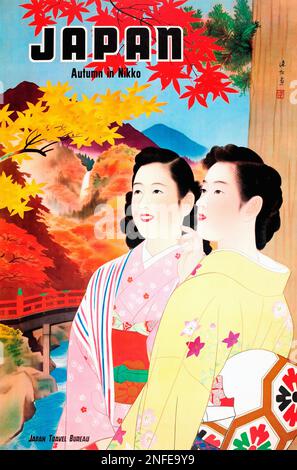 Vintage 1950er Japanese Travel Poster - Herbst in Nikko, Japan Stockfoto