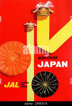 Vintage 1950er Japanese Airlines Travel Poster – Entdecken Sie Japan Stockfoto