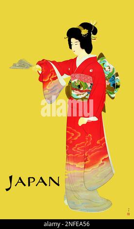 Japanisches Reiseposter im Vintage-Stil - Geisha auf gelbem Hintergrund Stockfoto