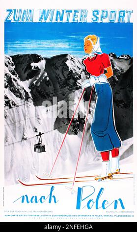 Polnisches Vintage-Poster für Skireisen im Jahr 1930er – Polen für Wintersport Stockfoto