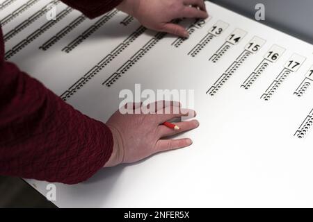 DEN HAAG - Eine sehbehinderte Person während eines Übungstages für blinde und sehbehinderte Wähler im Vorfeld der Provinzstaaten- und Wasservorstandswahlen. ANP JEROEN JUMELET niederlande raus - belgien raus Stockfoto