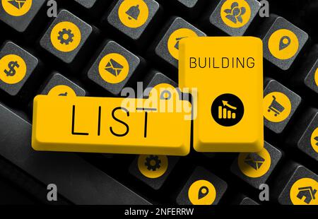 Textbeschriftung zur Erstellung der Liste. Internet Concept Database mit Personen, die Sie mit Ihrer Marketingbotschaft kontaktieren können Stockfoto