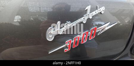 Austin Healey 3000-Logo, Maskottchen, Motorhaubenschmuck, Motorhaubenschmuck, Kühlerdeckel, Motormaskottchen, Fahrzeugzeichen, Stockfoto