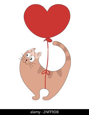Süße Katze, die auf einem roten Ballon in Form eines Herzens fliegt. Vektordarstellung Katze Valentinstag für Grußkarte oder Poster. Stock Vektor