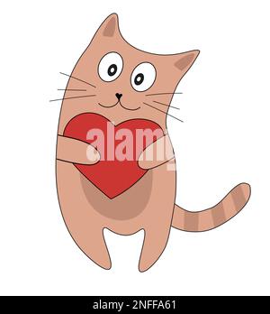 Süße, braun gestreifte Katze mit Herz in den Pfoten. Romantischer Valentinstag Vektorgrafik für Grußkarte oder Poster. Stock Vektor