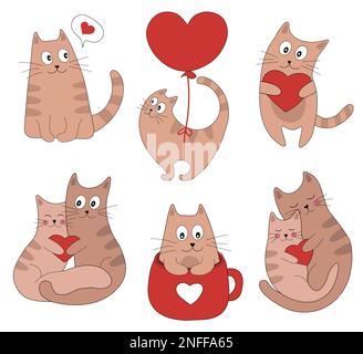 Süße Katzen in der Liebeskollektion. Romantischer Valentinstag, Grußkarte oder Poster. Katze mit Herz, Katze im Becher, Katzen lieben, fliegende Katze im Ballon Stock Vektor