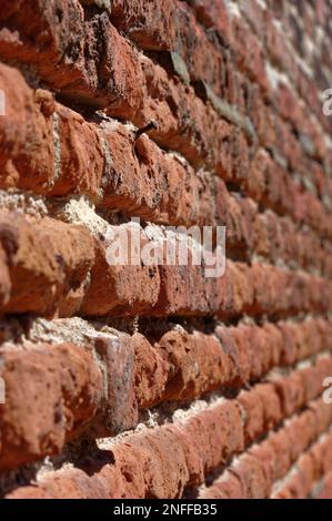 Alte, englische Bindung verlegte eine Ziegelmauer in schlechtem, erodiertem Zustand. Ein rostiger Nagel ragt heraus. Stockfoto