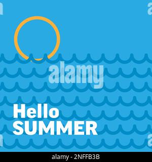 Hallo Sommer - Vektor einfache minimalistische Sommerferien Postervorlage mit heißer Sommersonne am blauen Himmel, abstrakte Wellen im Meer, weiße Schrift Hel Stock Vektor