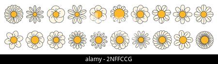 Groovy Gänseblümchen-Gesichts-Kollektion. Retro-Kamille im Cartoon-Stil. Happy Sticker von 70s. Grafische Vektordarstellung Stock Vektor