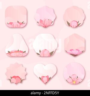 Etikett mit Kirschblüten- und Blumenanhänger in Pink, flacher Stil. Sakura-Stil delikate Romantik Vintage Postkartenaufkleber Seidenrabatt Werbeanzeigen Rahmenvorlage Verkauf saisonale Liebe japan Frühling isoliert Stock Vektor