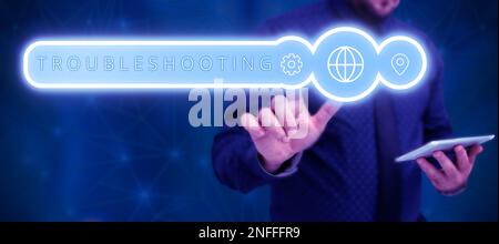 Handgeschriebenes Schild Fehlerbehebung. Es ist ein Wort über eine Handlung der Untersuchung oder des Umgangs mit den Problemen aufgetaucht Stockfoto