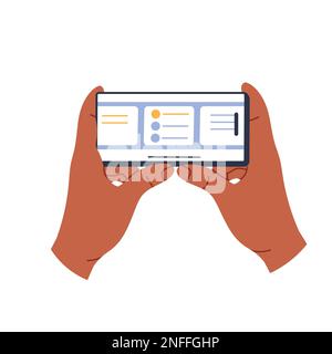 Telefon in der Hand. Bildlauf, Informationssuche, soziale Netzwerke. Abbildung eines flachen Vektors Stock Vektor