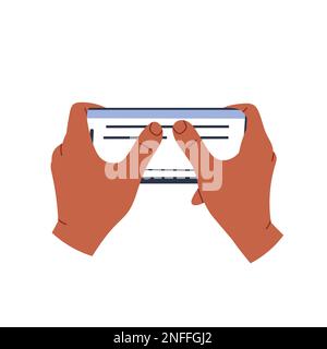 Telefon in der Hand. Bildlauf, Informationssuche, soziale Netzwerke. Abbildung eines flachen Vektors Stock Vektor