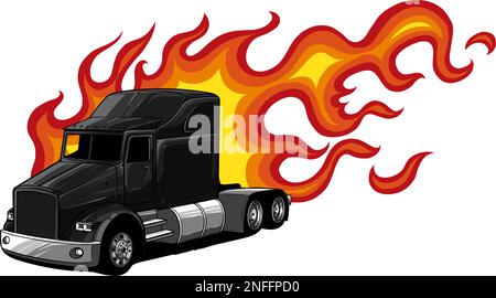 Schwarzer Truck mit Flammen. Entwurf einer Vektordarstellung Stock Vektor