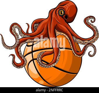 Vector-Sport-Logo, kraken-Tintenfisch-Illustration und Basketballball auf dem Shield-Hintergrund. Stock Vektor