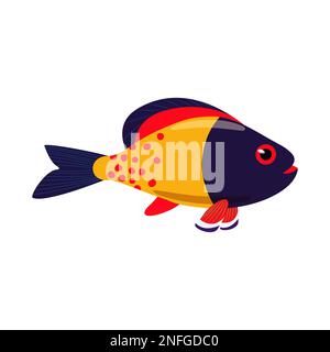 Dekorativer gelber Seefisch mit blauen Flossen. Vektorfische isolieren sich in flachem Stil, exotische Meerestiere Stock Vektor