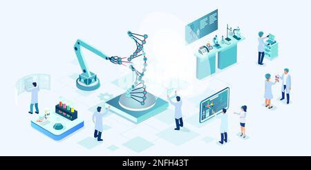Isometrischer Vektor eines medizinischen Labors mit Wissenschaftlern zur Erforschung der molekularen Struktur der dna auf modernen Laborgeräten zur Durchführung des genetischen Hodens Stock Vektor