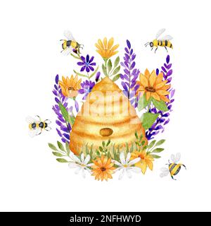 Aquarell-Illustration mit einem wilden Bienenstock in Lavendel-, Kamille- und Sonnenblumenblüten. Bienen, Wildblumen und Gras. Design für Produkte mit Honig Stockfoto