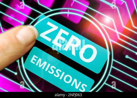 Schild mit der Aufschrift „Zero Emission, Business Idea emittiert keine umweltschädlichen Abfallprodukte“ Stockfoto