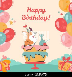 Vektorpostkarte im Cartoon-Stil, mit festlicher Inschrift. Glückwunschkarte zum Geburtstag mit lustigem Corgi. Neben dem Hündchen befindet sich ein Kuchen, mehrfarbige Ballons, Konfetti auf hellem Hintergrund. Stock Vektor