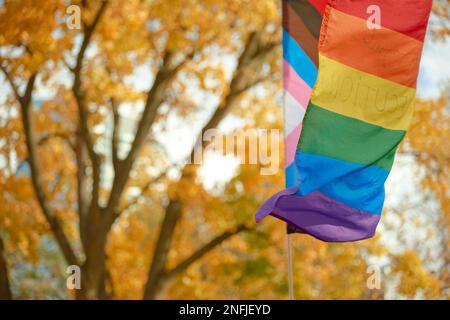 Toronto Ontario, Kanada - 5. November 2021: Eine Pride-Flagge bei einem Protest gegen die iranische Regierung. Stockfoto