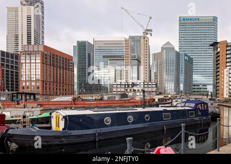 Hausboote am Blackwall Basin, Canary Wharf Stockfoto