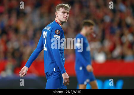 Jarrad Branthwaite von PSV Eindhoven während des Spiels UEFA Europa League, Play-off, 1. Etappe zwischen dem FC Sevilla und PSV Eindhoven spielte am 16. Februar 2023 im Ramon Sanchez Pizjuan Stadium in Sevilla, Spanien. (Foto: Antonio Pozo / PRESSIN) Stockfoto