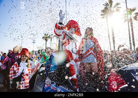 Ein Moment der Eröffnungszeremonie der Feierlichkeiten für die 150 Jahre des Karnevals von Viareggio am 4. Februar 2023 in Viareggio, Italien (Foto von Alessandro Bremec/NurPhoto) Stockfoto