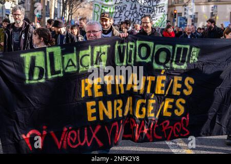 Frankreich, Lyon, 2023-02-16. Demonstration gegen die Rentenreform. Foto von Franck CHAPOLARD. Stockfoto