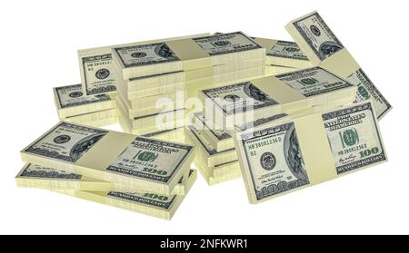 Große Geldstapel aus Dollars, isoliert auf weißem Hintergrund. Dollar-Finanzkonzeption. 3D-Rendering Stockfoto