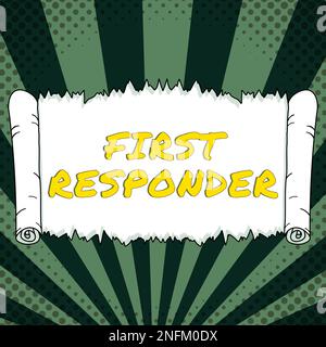 Handschriftlicher Text Ersthelfer. Wort für eine Person, die dafür verantwortlich ist, sofort zum Unfall zu gehen Stockfoto
