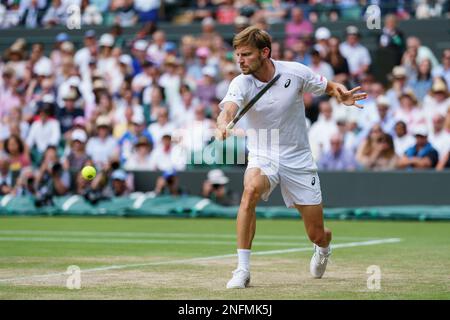 David Goffin aus Belgien im Einsatz auf Platz 1 bei den Meisterschaften 2022. Im All England Lawn Tennis Club, Wimbledon. Stockfoto