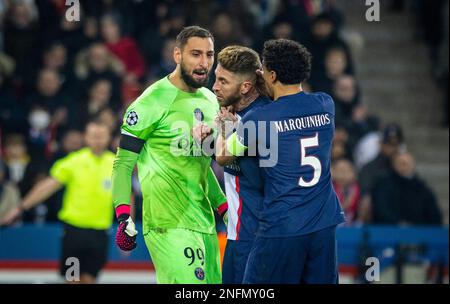 Paris, Frankreich. 14. Februar 2023. Gianluigi Donnarumma (PSG), Sergio Ramos (PSG), Marquinhos (PSG) Paris Saint-Germain - Bayern München Paris Saint-Germa Stockfoto
