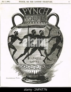 Olympische Spiele 1908 in London. Punch Cartoon von Edward Linley Sambourne aus dem Jahr 1908, in dem klassische griechische Läufer von Marathon bis Shepherds Bush gezeigt werden, die auf einer klassischen griechischen Urne abgebildet sind. Stockfoto