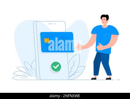 Ein Mann steht neben dem Smartphone, auf dem Bildschirm Bezahlen mit Karte. Online-Zahlung. Geldtransfer. Stock Vektor