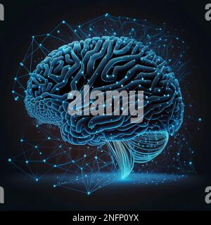 Abstraktes polygonales menschliches Gehirn. Neuronales Netzwerk. Künstliche Intelligenz. Niedriges Netz aus Polydraht auf blauem Hintergrund. Linien und Punkte. Hochwertiges Foto Stockfoto