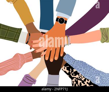 Die Hände verschiedener Menschen sind Vektorbilder der Einheit. Stock Vektor