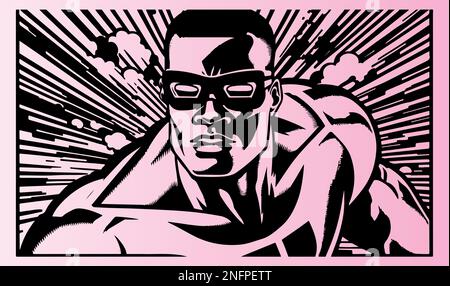 Wunderschöne und trendige Schwarz-Weiß-Linocut-Kunst oder Malseite eines Superhelden Stock Vektor