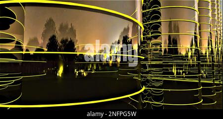 Gelbe Lichter des Nachtparks spiegeln sich auf der Glasaußenseite der gehobenen kreisförmigen Wolkenkratzer, die in einer Reihe nebeneinander gebaut wurden. 3D-Renderi Stockfoto